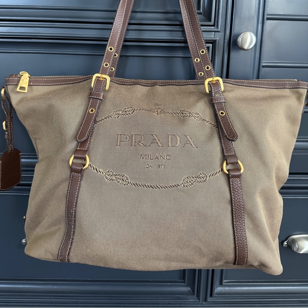 Prada Olive Green Jacquard Canvas Tote with Gold Accents